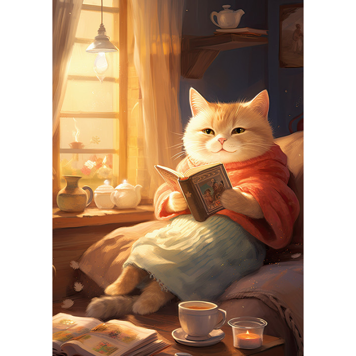 Пушистый котик читает книгу